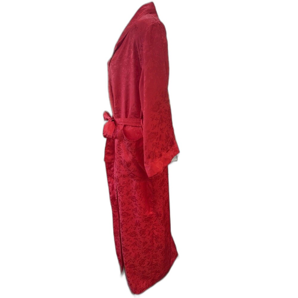 VTG Victoria’s Secret Red Floral Satin Robe M/L Korea Silky Wrap Belted Lounge